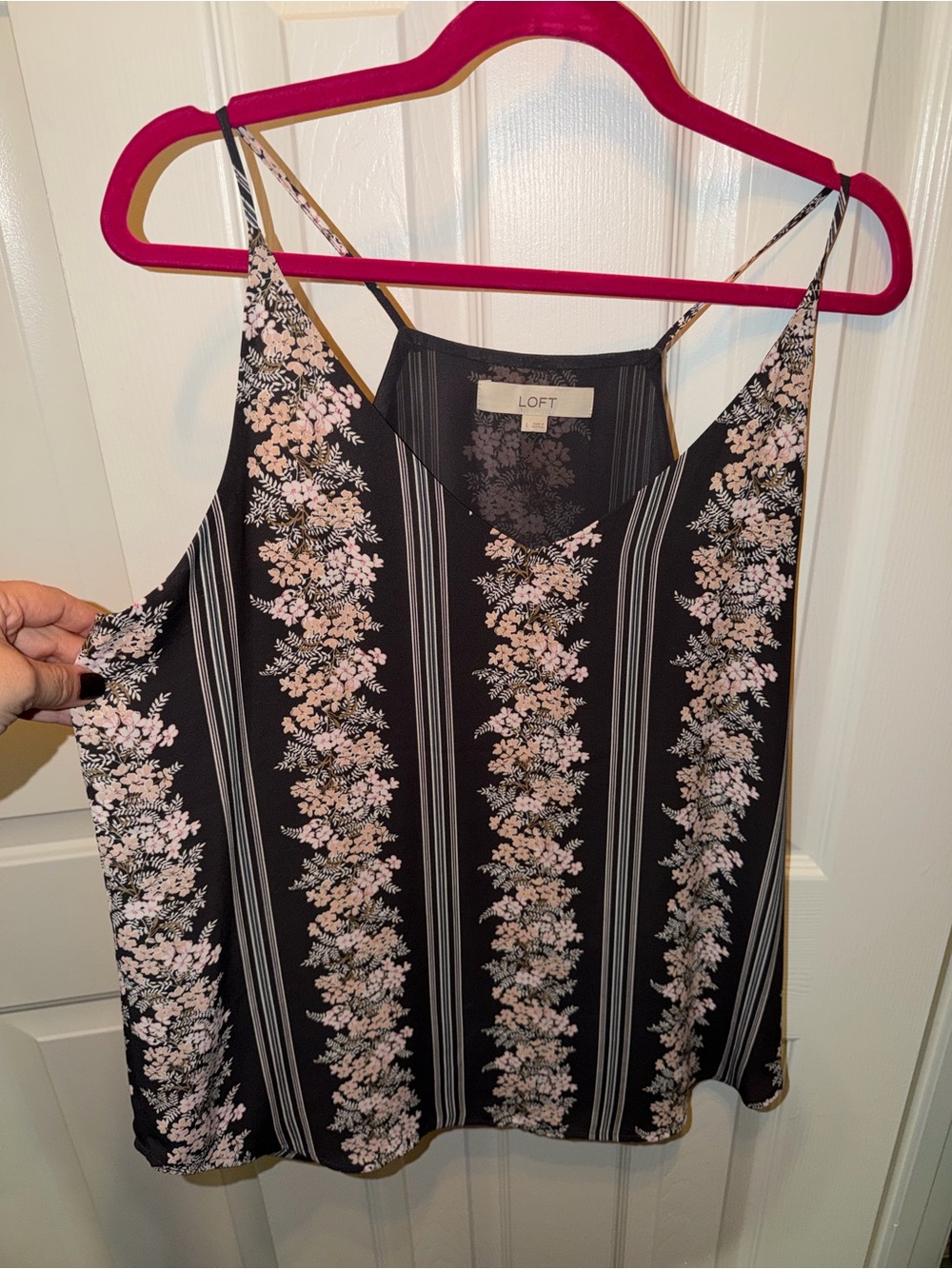 LOFT Black Floral Stripe Camisole with Pink Flowers